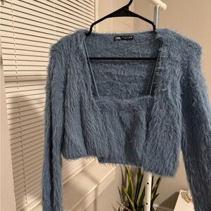 Zara Soft Blue Fuzzy Knit 2-piece Top